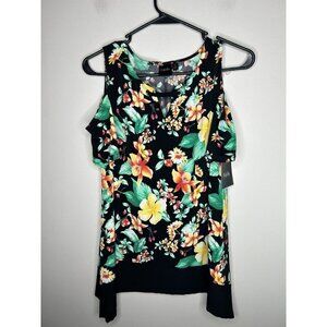 Rafaella Womens Black Floral V-Neck Top Hi-Low Sleeveless Pullover Size Medium